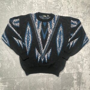 Stefano Man Sweater Mens XL Black Blue Geometric Vintage 90s Acrylic Pullover